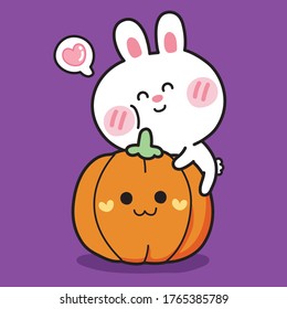 Cute rabbit with pumpkin on purple background.Halloween concept.Animal cartoon design.Image for card,sticker,poster,baby product,toy.Kawaii.Vector.Illustration.