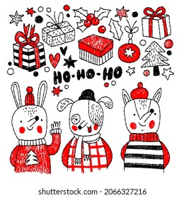 Cute rabbit, puppy and fox in winter clothes and New Year's decor. Hand drawn characters and elements  in vector. Cute animals and boxes with gifts, stars, mistletoe hand-drawn in doodle style.