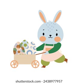 Cute Rabbit pushing a cart with easter eggs. Easter characters and elements. Happy Easter. Scrapbooking set of bright hand draw elements