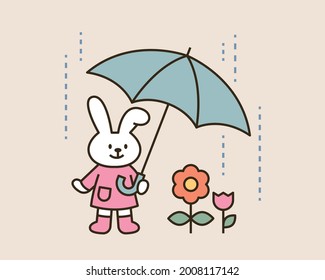 A cute rabbit is putting an umbrella on a flower. Cute animal characters. Outline simple vector illustration.