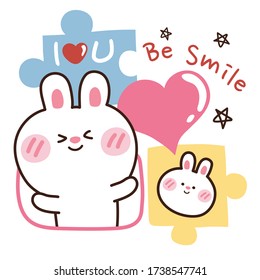 Cute rabbit with puzzle pieces hand drawn on white background.Be smile text.Animal cartoon character design.Jigsaw.Kid graphic.Image for card,sticker,poster,banner.Kawaii.Vector.Illustration.