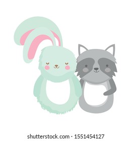 cute rabbit and raccoon cartoon animals vector illustration