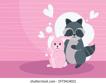 Cute rabbit and raccoon cartoon on pink background
