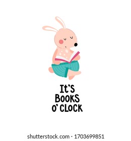 Cute rabbit is reading a book cartoon illustration. It is book o clock hand written quote. Isolated objects on white background. Concept for children print in vector.