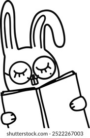bonitinho rabiscar livro de leitura de coelho, desenho de mão de livro de leitura de coelho