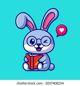 Cute Rabbit Reading Book Vector Icon Illustration. Animal Education Icon Concept Isolated Premium Vector. Flat Cartoon Style 