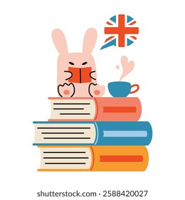 Cute rabbit reading textbook on stack of books, English language learning and education course concept. Trendy modern vector illustration isolated on white, hand drawn, flat design