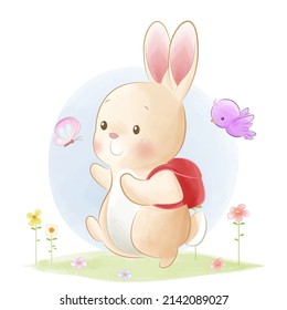 Cute rabbit with red backpack watercolor
