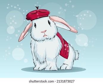 Cute rabbit with a red beret. Winter background. Vector illustration. Wrapper for notebook notebook. Advertising