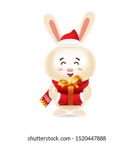 Cute rabbit with red cap and red scarf carrying a gift box for Christmas with isolated background