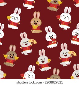 Cute rabbit in red costumes with money and gold seamless pattern and background. Animal holidays cartoon character set. Chinese New Year 2023 wallpaper. Translate: Rabbit.