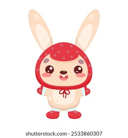 A cute rabbit in a red hat and gloves. The rabbit is smiling and he is happy. Cute cartoon character in winter clothes.