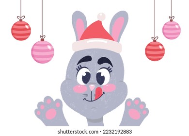 Cute rabbit in red hat. Vector winter illustration with smiling bunny. Chritsmas childish illustration