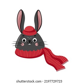 Cute rabbit in red scarf and hat vector flat illustration. Bunny cartoon character winter portrait.