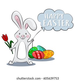 Cute rabbit with red tulip, holds balloon in the shape of cloud with text Happy Easter and eggs with patterns on the ground. Vector cartoon character of rabbit for holiday.