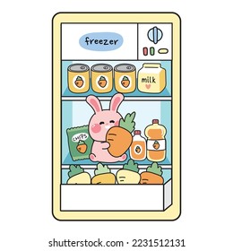 Cute rabbit in refrigerator with carrot cartoon.Animal character design.Food,vegetable,drink hand drawn.Freezer.Easter.Kawaii.Vetor.Illustration.