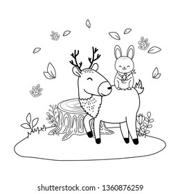 cute rabbit and reindeer in the field woodland characters