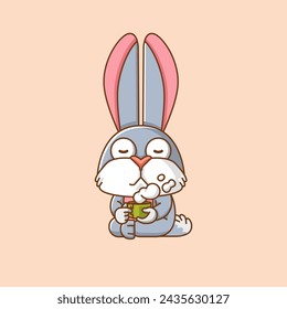Cute rabbit relax with a cup of coffee cartoon animal character mascot icon flat style illustration concept set