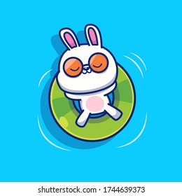 Cute Rabbit Relax With Swim Ring Vector Icon Illustration. Animal Summer Icon Concept Isolated Premium Vector. Flat Cartoon Style 