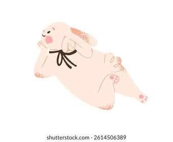 Cute rabbit with ribbon bow lying, has a rest. Happy Easter bunny relaxes. Funny little hare enjoys, listens to music with positive emotion. Flat isolated vector illustration on white background