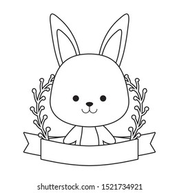 cute rabbit with ribbon and branches of leafs vector illustration design