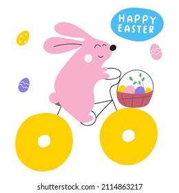Cute rabbit ride bike with basket full of eggs. Happy Easter. Vector hand drawn illustration on white background. 