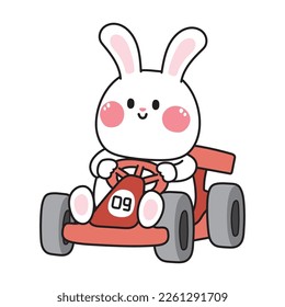 Cute rabbit ride gokart car cartoon on white background.Animal pet character design.Race.Bunny hand drawn.Kawaii.Vector.Illustration.