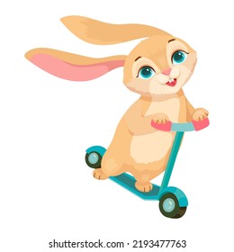 A cute rabbit rides a blue scooter. Summer fun. Cheerful bunny. Vector illustration on a white background.