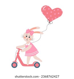 Cute rabbit rides a scooter. Bunny girl in a dress with heart balloon. Cartoon forest character.