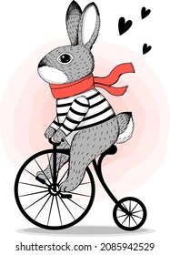 Cute rabbit rides a vintage bicycle. Cartoon vector illustration