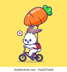 Cute Rabbit Riding Bicycle With Carrot Balloon Cartoon Vector Icon Illustration. Animal Holiday Icon Concept Isolated Premium Vector. Flat Cartoon Style