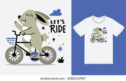 Cute rabbit riding bicycle illustration with tshirt design premium vector the Concept of Isolated Technology. Flat Cartoon Style Suitable for Landing Web Pages,T shirt, Flyers, Stickers