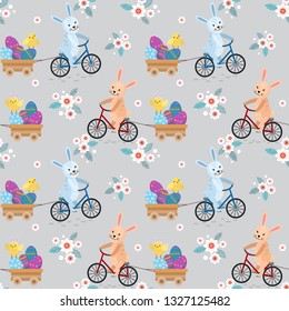 Cute rabbit riding bike with Easter eggs.