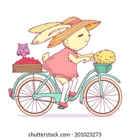 Cute rabbit riding a bike. Summer vector illustration