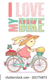 Cute rabbit riding a bike. Summer vector illustration