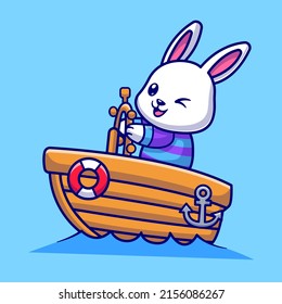 Cute Rabbit Riding Boat Cartoon Vector Icon Illustration. Animal Transportation Icon Concept Isolated Premium Vector. Flat Cartoon Style