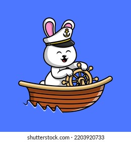 Cute Rabbit Riding Boat Cartoon Vector Icon Illustration.  Flat Cartoon Concept.

