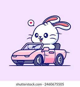 Cute Rabbit Riding Car Cartoon Vector Icon Illustration. Animal Transportation Icon Concept Isolated Premium Vector. Flat Cartoon Style