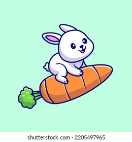 Cute Rabbit Riding Carrot Rocket Cartoon Vector Icon Illustration. Animal Nature Icon Concept Isolated Premium Vector. Flat Cartoon Style