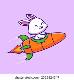 Cute Rabbit Riding Carrot Rocket Cartoon Vector Icon Illustration. Animal Transportation Icon Concept Isolated Premium Vector. Flat Cartoon Style