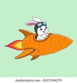 Cute Rabbit Riding Carrot Rocket Cartoon Vector Illustration