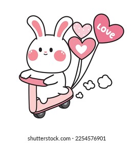 Cute rabbit riding pink scooter with heart balloon.Bunny hand drawn.Animal character design.Valentines day.Love text.Kawaii.Vector.Illustration.