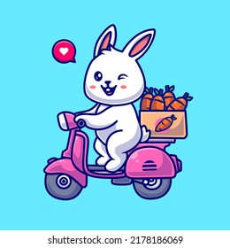 Cute Rabbit Riding Scooter With Carrot Box Cartoon Vector Icon Illustration. Animal Transportation Icon Concept Isolated Premium Vector. Flat Cartoon Style