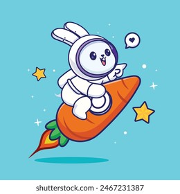 Cute Rabbit Rocket Riding Rabbit Astronaut Vector Cartoon Icon Illustration. Isolated Premium Vector Pet Food Icon Concept. Flat Cartoon Style