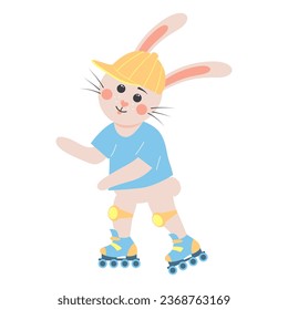 Cute rabbit roller skating. Bunny boy in a cap with knee pads and on roller skates. Cartoon forest character.