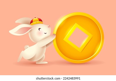Cute rabbit rolls a Chinese traditional coin. Year of Rabbit. Translation: Good Fortune.