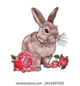 Cute rabbit with roses. Easter bunny. Farm animal isolated on a white background. Blank for the designer. Logo, icon, print