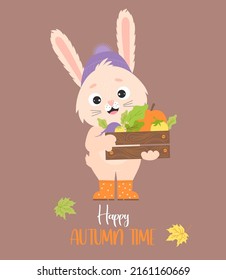 Cute rabbit in rubber boots with box of autumn vegetables. Vector illustration. Autumn card with funny bunny character farmer and inscription - Happy autumn time - for design, print, postcards, flyers