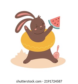 Cute Rabbit with Rubber Swimming Ring and piece of watermelon. Summer beach activity. Vector flat hand drawn illustration in cartoon style.
