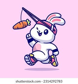 Cute Rabbit Run Chasing Carrot Cartoon Vector Icon Illustration. Animal Sport Icon Concept Isolated Premium Vector. Flat Cartoon Style